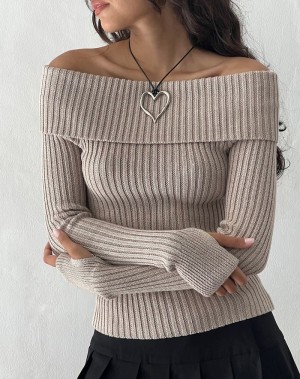 Dámské Jumpers Motel Rocks Circe Off-shoulder Long Sleeve Knit Top Béžový | OPB3357BH