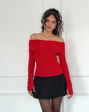 Dámské Jumpers Motel Rocks Circe Off-shoulder Long Sleeve Knit Top Červené | NVQ4460OE