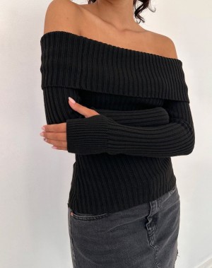 Dámské Jumpers Motel Rocks Circe Off-shoulder Long Sleeve Knit Top Černé | IBZ10082XK